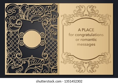 Design letterhead greetings for laser paper cutting. Openwork cartouche on the cover. Decorative frame for the decoration of festive text. Blank invitation form, menu, message for wedding, party