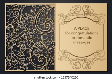 Design letterhead greetings for laser paper cutting. Openwork cartouche on the cover. Decorative frame for the decoration of festive text. Blank invitation form, menu, message for wedding, party