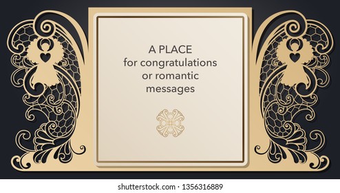 Design of letterhead for laser paper cutting. Openwork cartouche on the cover. Decorative frame gates for the decoration of the festive text. Blank invitation form, menu, message for wedding, party