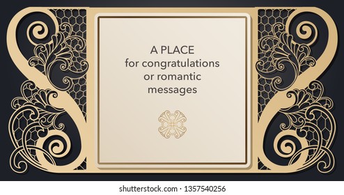 Design of letterhead for laser paper cutting. Openwork cartouche on the cover. Decorative frame gates for the decoration of the festive text. Blank invitation form, menu, message for wedding, party