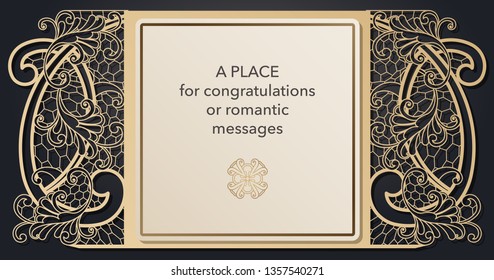 Design of letterhead for laser paper cutting. Openwork cartouche on the cover. Decorative frame gates for the decoration of the festive text. Blank invitation form, menu, message for wedding, party