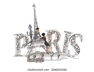 Diseño con letras y la Torre Eiffel, chicas, diamantes en la romántica París. Ilustración vectorial dibujada a mano.