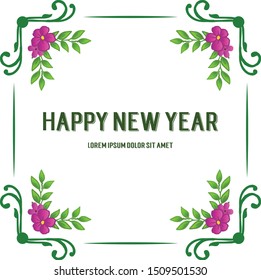 Design lettering of happy new year, with elegant purple flower frame. Vector