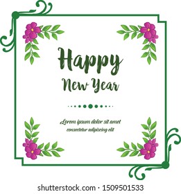 Design lettering of happy new year, with elegant purple flower frame. Vector