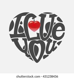Design lettering "I love you." Hand drawing, an individual font. The composition of the letters in the shape of a heart.
 Red heart.
