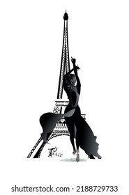 Design  with lettering Paris and the Eiffel tower, fashion girls in hats, architectural elemens. Hand drawn vector illustration.
