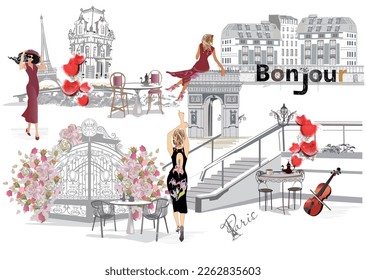 Design  with lettering Paris and the Eiffel tower, fashion girls in hats, architectural elemens. Hand drawn vector illustration.