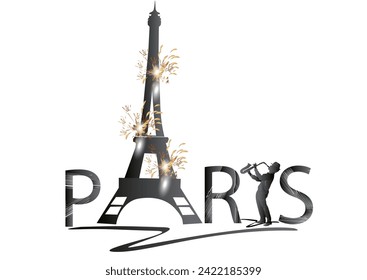 Design  with lettering Paris and the Eiffel tower, fashion girls in hats, musicians. Hand drawn vector illustration.