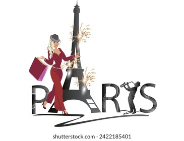 Diseño con letras de París y la Torre Eiffel, chicas de moda con sombreros, músicos. Ilustración vectorial dibujada a mano.