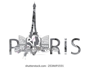 Design com letras Paris e a torre Eiffel e vistas francesas, elementos arquitetônicos. Ilustração de vetor desenhada à mão.