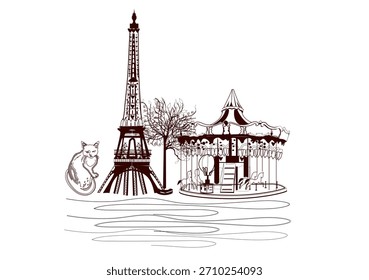 Design mit Schriftzug Paris und dem Eiffelturm und französischen Sehenswürdigkeiten, architektonischen Elementen. Handgezeichnete Vektorgrafik.