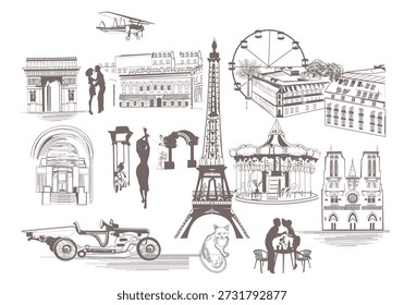 Design  with lettering Paris and the Eiffel tower and french sights, architectural elements, couples. Hand drawn vector illustration.