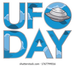 
Design with letters in double exposure with clouds and some flying saucers inside of it to celebrate UFO Day.