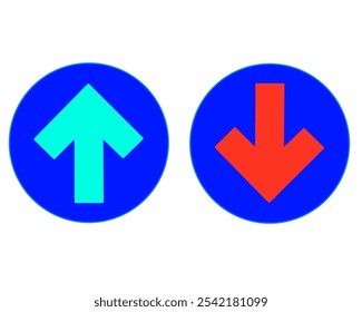 Design of a light blue up arrow and a red down arrow, each isolated on a blue circle background.