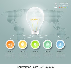 Design lightbulb infographic 5 options,  Business concept infographic template can be used for workflow layout, diagram, number options, timeline or milestones project.