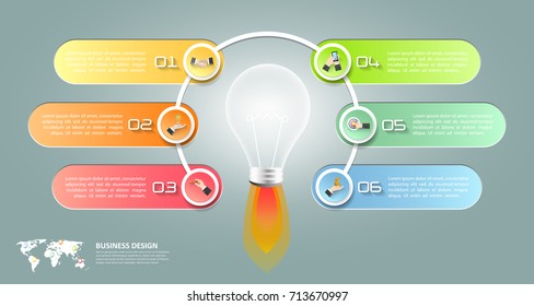 Design lightbulb infographic 6 options,  Business concept infographic template can be used for workflow layout, diagram, number options, timeline or milestones project.