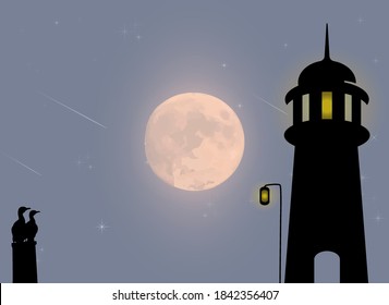 The design of the lighthouse with the background of the moon