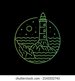 Design of the lighthouse on sunset view in mono line art for t-shirt, badge, sticker,etc