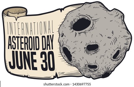 Design like sticker showing an asteroid with greeting scroll like tail in hand drawn style over white background to celebrate International Asteroid Day in June 30.