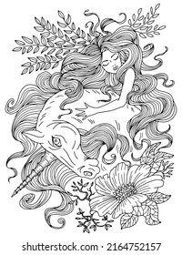 Design line art illustration with hand drawn beautiful fairy girl or princess and magic unicorn horse with nature elements isolated on white background, fantasy doodle artwork for coloring