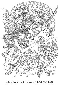 Design line art illustration with hand drawn beautiful fairy girl or princess and magic unicorn horse with nature elements isolated on white background, fantasy doodle artwork for coloring