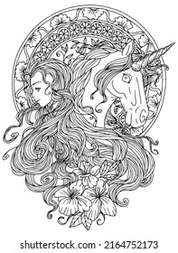 Design line art illustration with hand drawn beautiful fairy girl or princess and magic unicorn horse with nature elements isolated on white background, fantasy doodle artwork for coloring