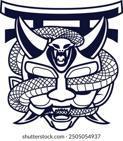 Design Line Art Oni Mask with Snake for T-shirt design, Merch, Sticker