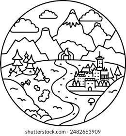 Design a line art vector illustration of a fantasy world map
