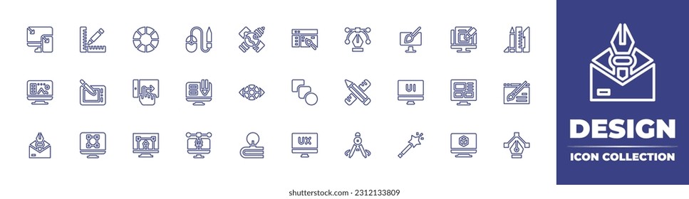 Colección de iconos de línea de diseño. Trazo editable. Ilustración vectorial. Con capacidad de respuesta, lápiz, paleta de colores, ratón, día mundial de gráficos, diseño de aplicaciones, vector, gráfico, sitio web.