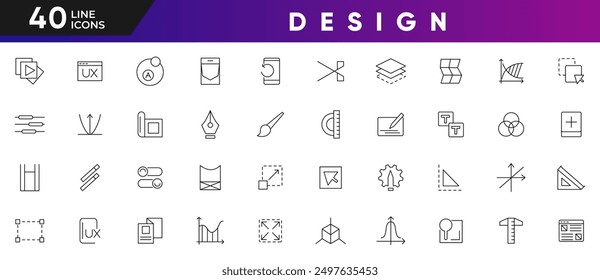 Design line icon set. UI UX Design, creative process. graphic design, creative package, stationary, paintbrush, palette, prepress, web design Outline icon collection. UI thin line icon pack.