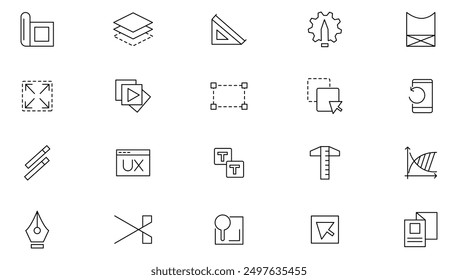 Design line icon set. UI UX Design, creative process. graphic design, creative package, stationary, paintbrush, palette, prepress, web design Outline icon collection. UI thin line icon pack.