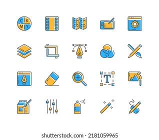 Das Symbol der Linie entwerfen. Dünne Linien Symbole Pixel perfekt. Kreativitätslogo in Farbe. Webdesign, Text, Zoom, Layer. Vektorgrafik