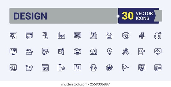 Design linear icon collection. Includes thin line website, drawing, eraser, brush, process, tool, project, pen. Pixel perfect. Editable vector icon and illustration.