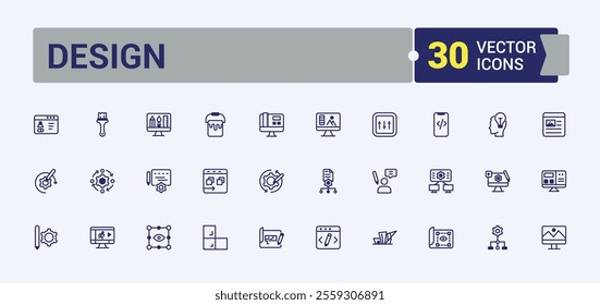 Design linear icon collection. Includes thin line website, drawing, eraser, brush, process, tool, project, pen. Pixel perfect. Editable vector icon and illustration.