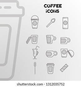 Design of linear icons on the coffee theme. A set of cups, spoons, glasses. Vector illustration
