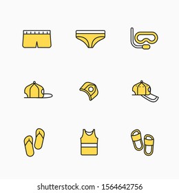 Design of linear yellow icons on the theme of vacation, summer and travel. Template vector illustration on a white background. Set.