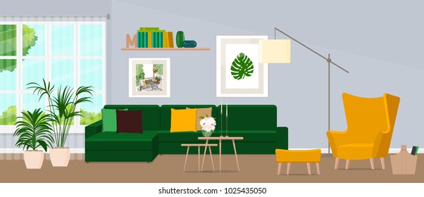 The design of the living room with fashionable furniture. Vector illustration of a flat style.