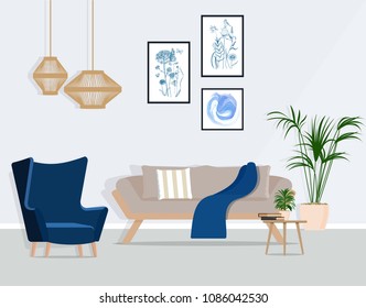 The design of the living room with fashionable furniture. Vector illustration of a flat style.