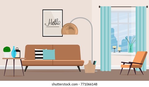 The design of the living room with fashionable furniture. Vector illustration of a flat style.