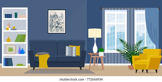 The design of the living room with fashionable furniture. Vector illustration of a flat style.