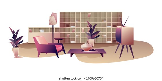 design living room interior on a white background in retro style, vector illustration