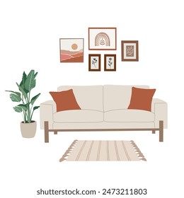 The design of the living room with sofa, carpet, house plant, paintings. Scandinavian interior. Minimalist design, home interior decor. Hand drawn illustration