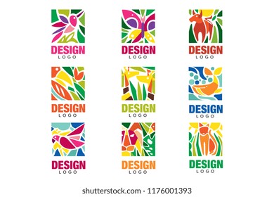 Design lodo set, labels with plants, birds and animals, tropical environmental signs, design emblem elements vector Illustrations