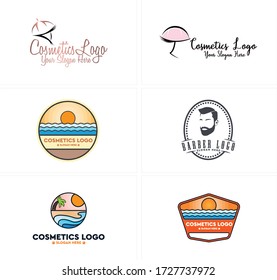 Design logo with beauty eye lashes extension emblem head man bearded mustache and sun tree palm wave sea water line vector suitable for cosmetic salon barber shop business travel recreation beach