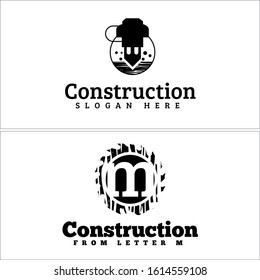 Design logo with black wood drilling machine circle bubble and letter m circular saw combination vector suitable for business consulting construction company carpenter industrial