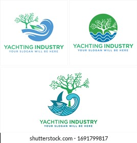 Design logo with blue green tree branch leaves plant yacht wave splash water sea symbol line vector combination suitable for internet Eco Friendly nature outdoor organic yachting industry businesses