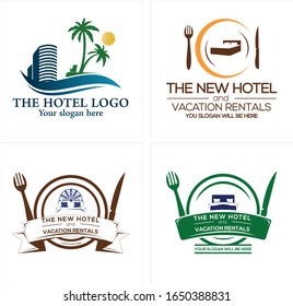 Design logo with blue navy building bed green tree palm yellow sun and brown knife fork element ribbon emblem design suitable for travel hotel holiday family business restaurant resort outdoor
