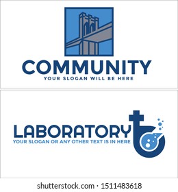 Design logo with bridge square and test tube blue bubble vector suitable for community non profit laboratory foundation association