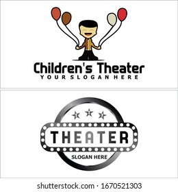 Design logo with children holding balloon happy and emblem circle rectangle star icon baby lamp for education theater training schools talent show party