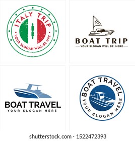 Design logo with circle green red grunge style and boat blue illustration vector suitable for travel hotel holiday sea